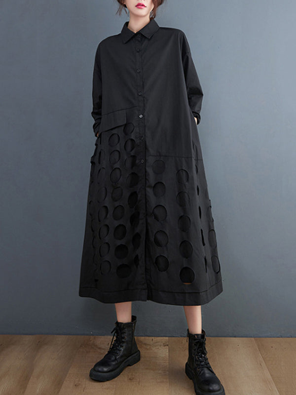 A-Line Long Sleeves Asymmetric Hollow Polka-Dot Solid Color Lapel Midi Dresses