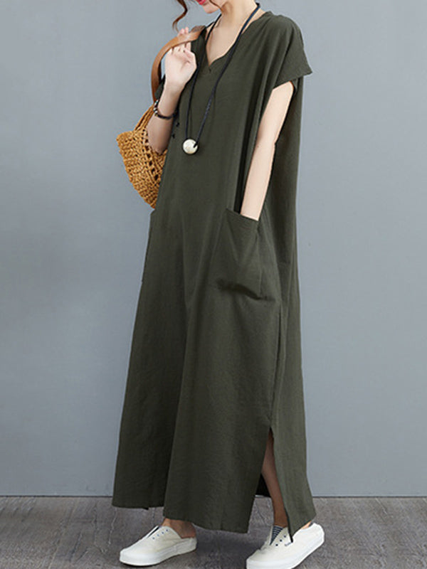 Simple Ramie Cotton Solid Color Split-Side With Pocket V-Neck Short Sleeves Maxi Dress