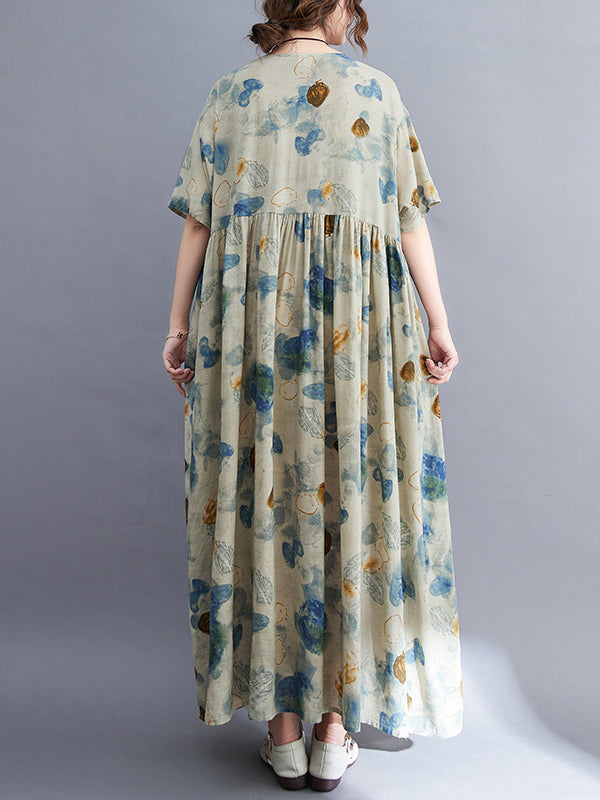 Artistic Retro Loose Floral Printed Pleated Vacation Midi Dress