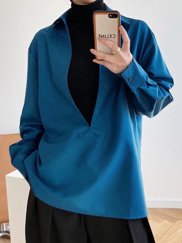 Long Sleeves Loose Solid Color Lapel Blouses