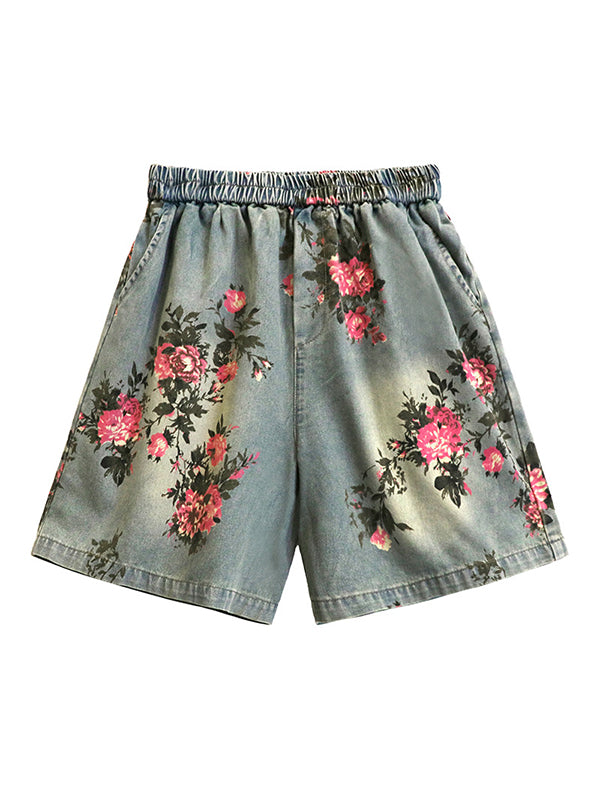 Loose Wide Leg Elasticity Floral Printed Split-Joint Shorts Bottoms