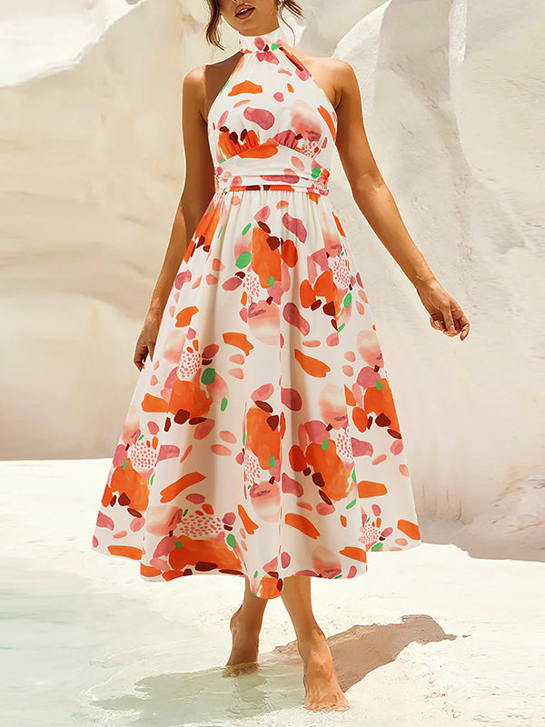 A-Line Loose Pleated Printed Split-Joint Halter-Neck Midi Dresses