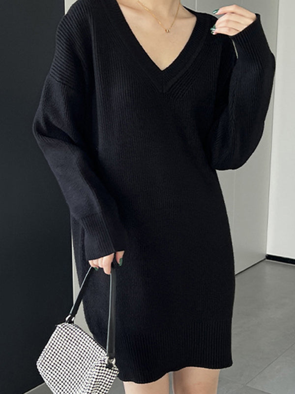 Simple Loose Long Sleeves Solid Color V-Neck Sweater Dresses