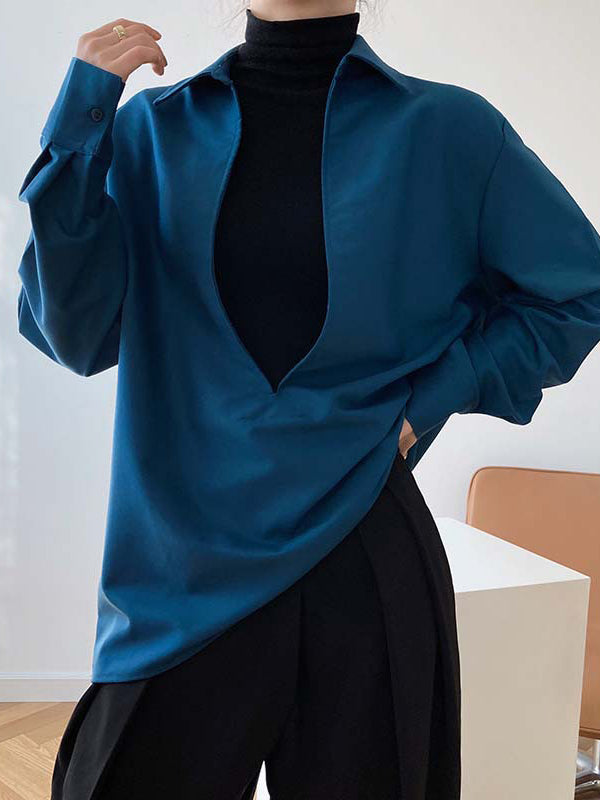 Long Sleeves Loose Solid Color Lapel Blouses