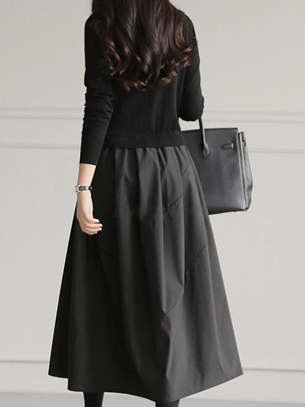 A-Line Long Sleeves Pleated Split-Joint Round-Neck Midi Dresses