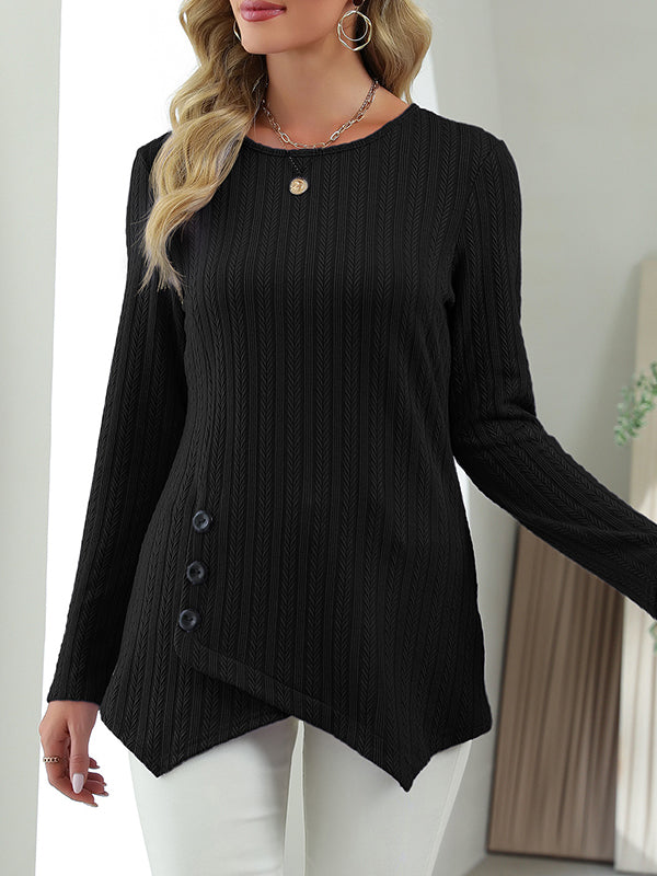 Long Sleeves Loose Asymmetric Buttoned Round-Neck T-Shirts Tops