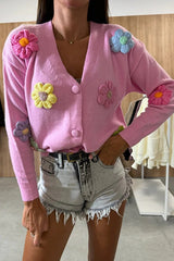 Ezro Knit Colorful Dimensional Flowers Button Up Loose Cardigan