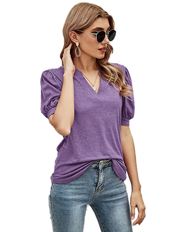 Simple Solid Color V-Neck Puff Sleeves T-Shirt Top