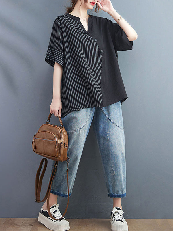 Simple Loose Asymmetric Striped V-Neck Blouse