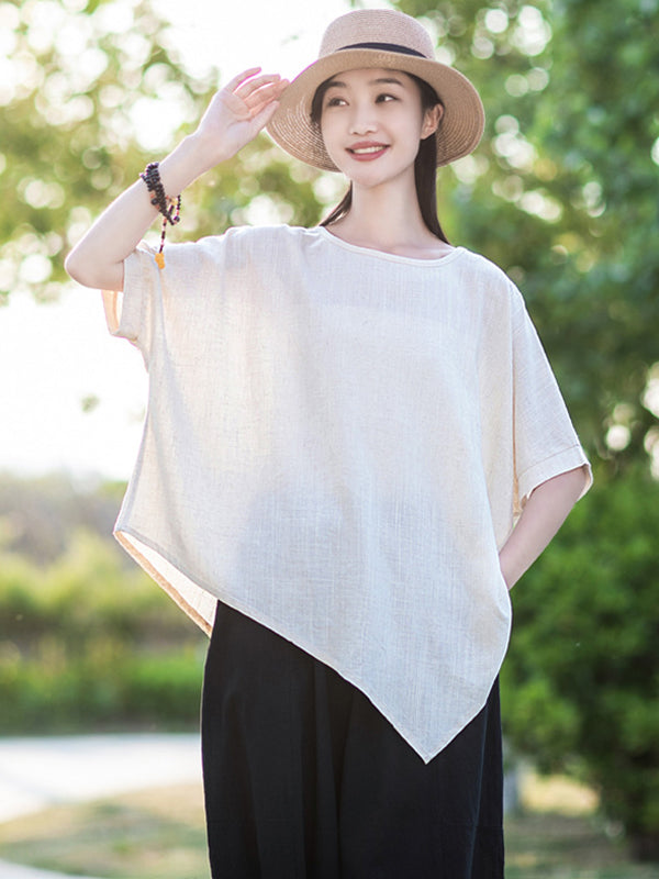 Artistic Retro Loose Linen Asymmetric T-Shirt Top