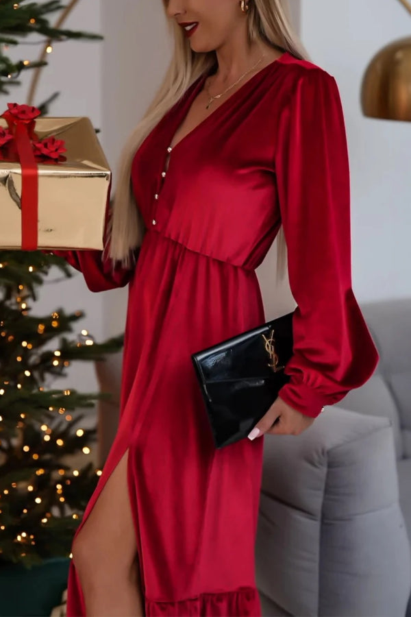 Racing Red Velvet Buttoned Puff Sleeve V Neck Split Midi Dress