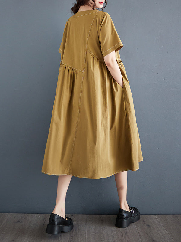 A-Line Loose Asymmetric Pleated Pockets Solid Color Split-Joint Round-Neck Midi Dresses