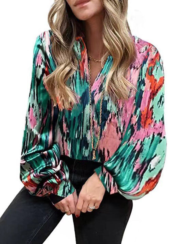 Long Sleeves Loose Printed V-Neck Blouses&Shirts Tops