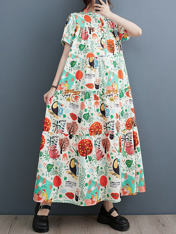 Loose Short Sleeves Buttoned Printed Split-Joint Stand Collar Midi Dresses