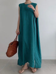 Casual Simple Solid Color Split-Side Round-Neck Sleeveless Midi Dress