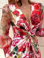 Bodycon Long Sleeves Flower Print Knot Mesh Split-Joint Deep V-Neck Mini Dresses