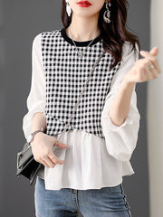 Long Sleeves Loose Elasticity Plaid Split-Joint Round-Neck T-Shirts Tops