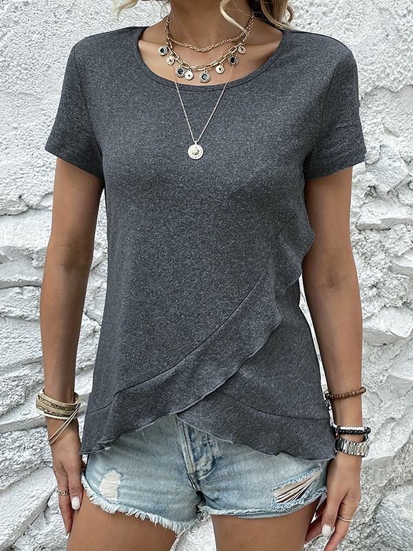 Loose Short Sleeves Asymmetric Ruffled Solid Color Split-Joint Round-Neck T-Shirts Tops