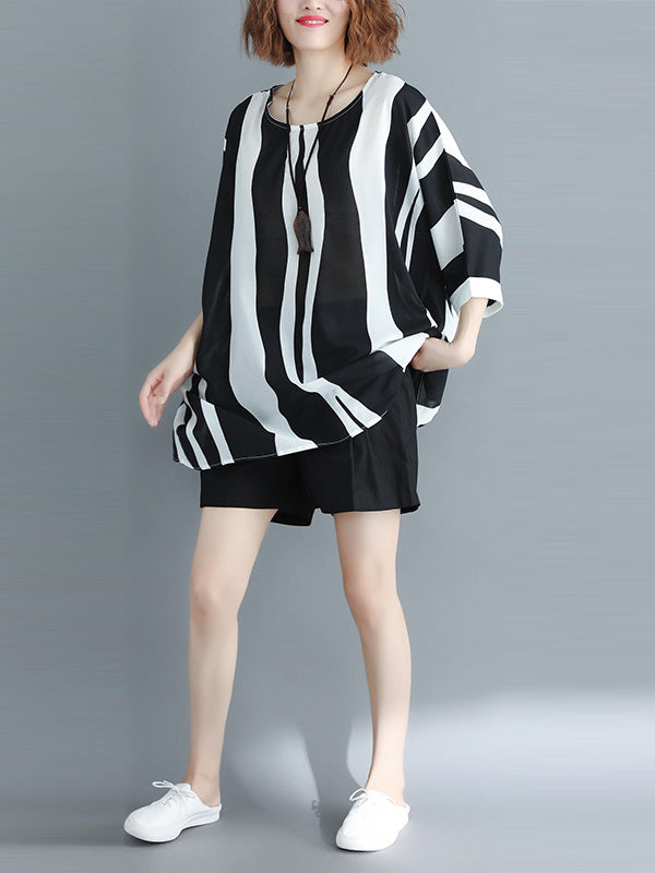 Original Chiffon Batwing Sleeves Striped Shirts Tops