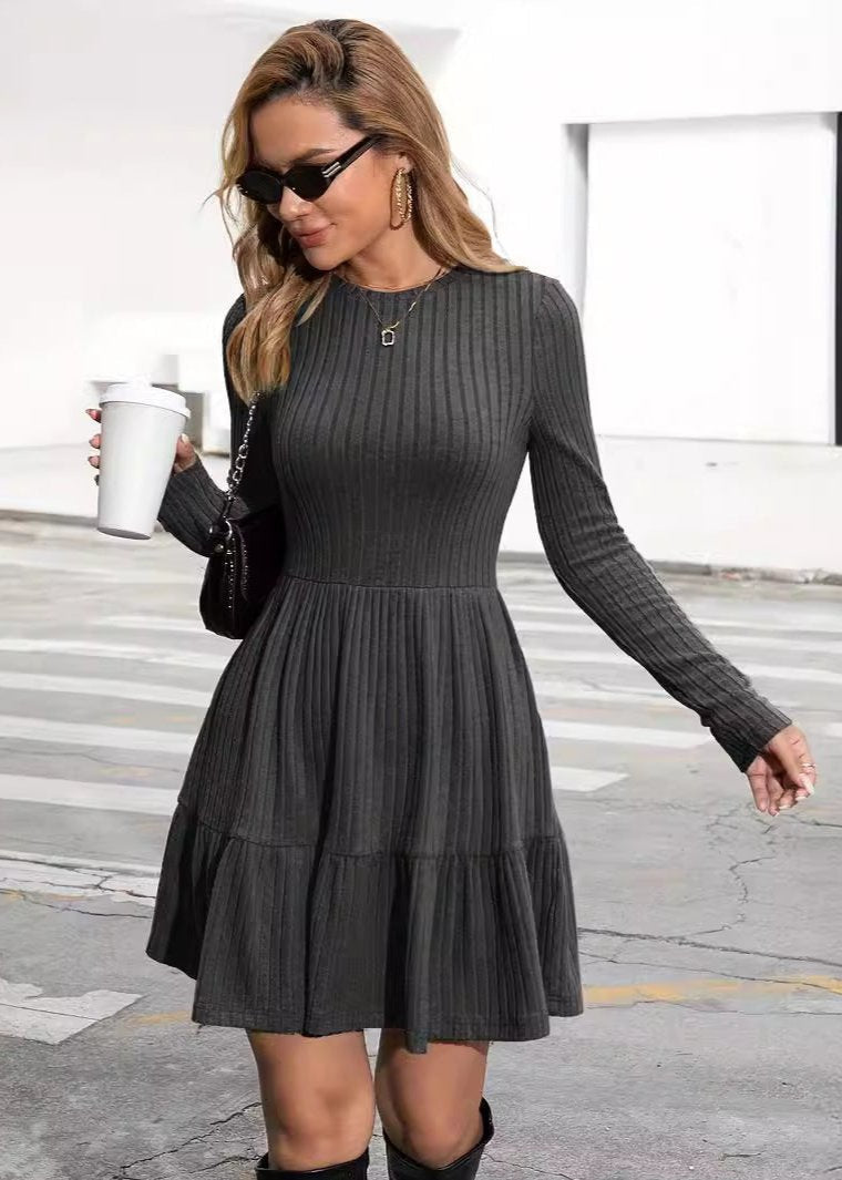 Knitted Round Neck Striped Sweater Dress