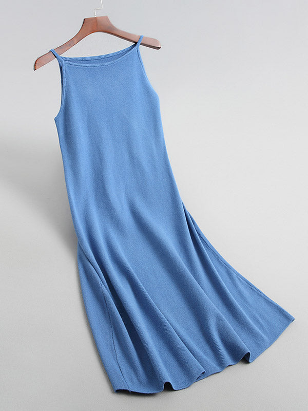 A-Line High Waisted Solid Color Spaghetti-Neck Midi Dresses