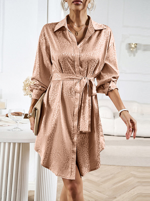 Long Sleeves Loose Buttoned Leopard Tied Waist Lapel Mini Dresses Shirt Dress