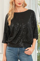 Solid Color Sequined Loose Round Neck Casual Top