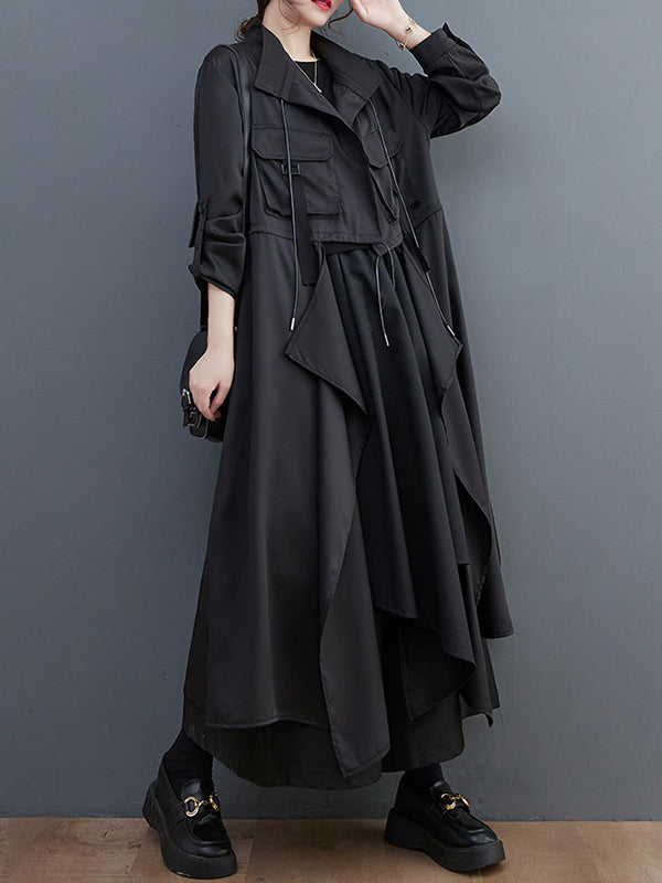 Loose Long Sleeves Drawstring Split-Joint Lapel Trench Coats