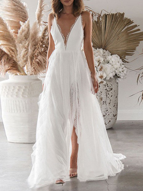 Wedding Deep V Neck Backless Lace Split Maxi Dress