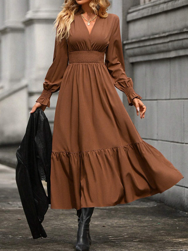 A-Line Flared Sleeves Elasticity Pleated Solid Color V-Neck Midi Dresses