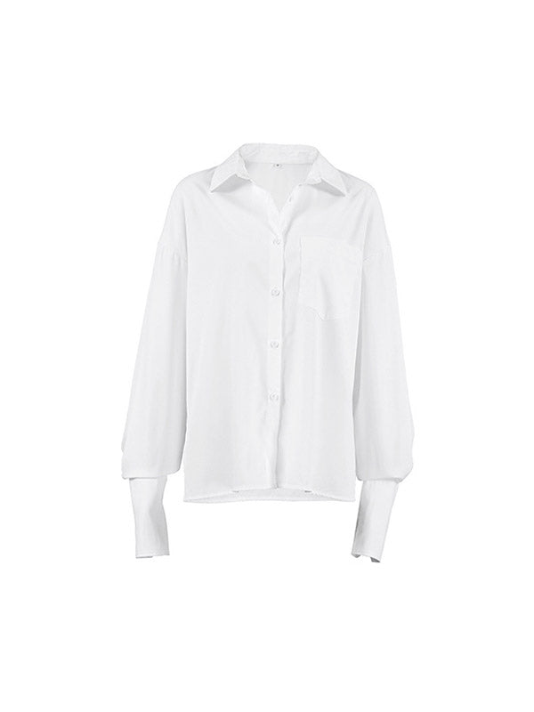 Long Sleeves Loose Buttoned Pockets Solid Color Lapel Blouses&Shirts Tops