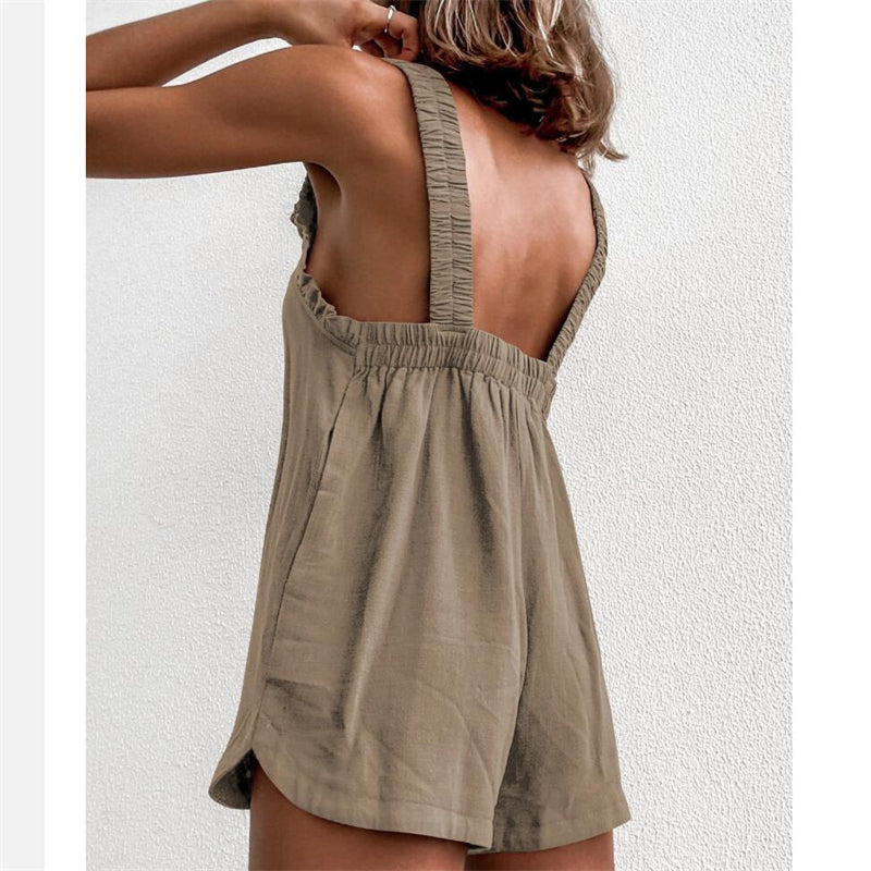 Solid Color Backless Strap Pocket Shorts