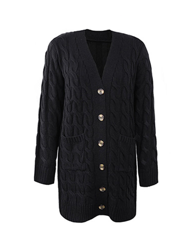 Urban Simple Loose Buttoned Solid Color Jacquard Cardigan Coat