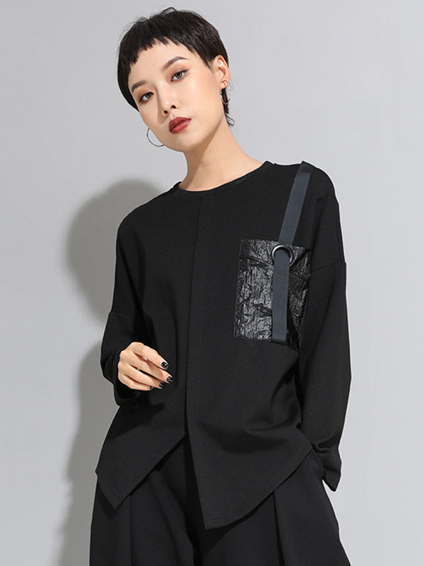 Fashion Loose Long Sleeves Split-Front Round-Neck T-Shirts Tops