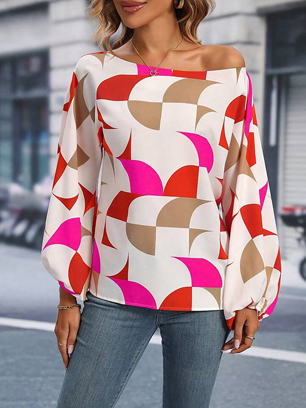 Long Sleeves Loose Asymmetric Elasticity Printed One-Shoulder Blouses&Shirts Tops