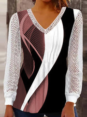 Long Sleeves Loose Printed See-Through Split-Joint V-neck T-Shirts Tops