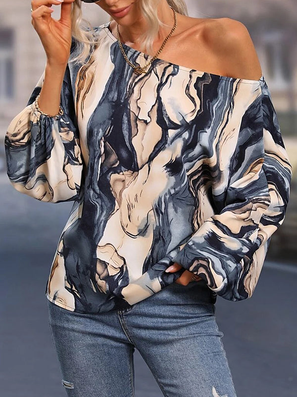 Long Sleeves Loose Asymmetric Printed One-Shoulder Blouses&Shirts Tops