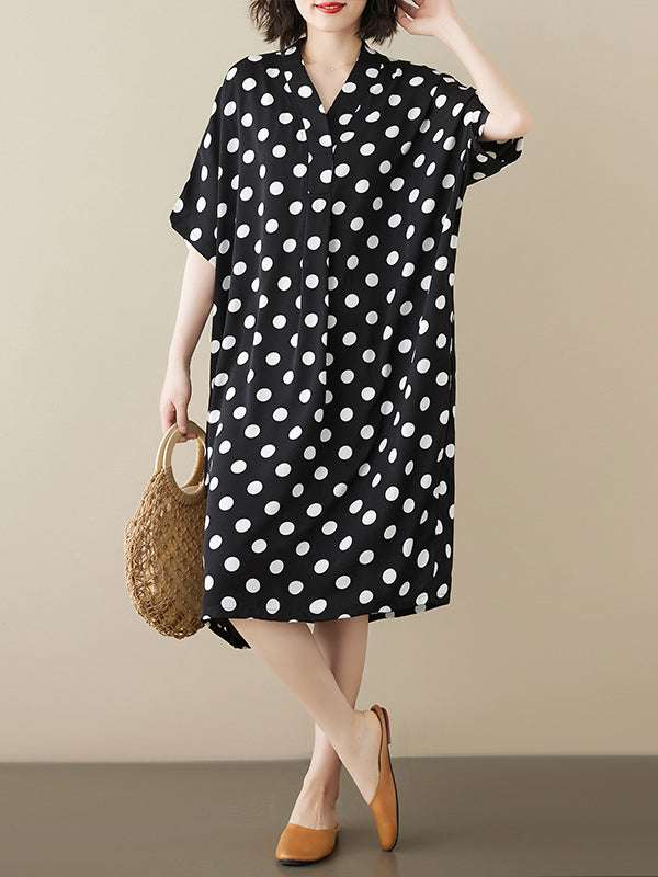 Loose Short Sleeves Polka-Dot V-Neck Midi Dresses