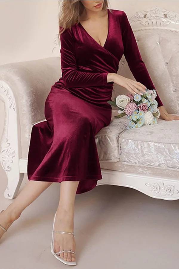 Solid Velvet Long Sleeve V Neck Slim Fit Fishtail Maxi Dress