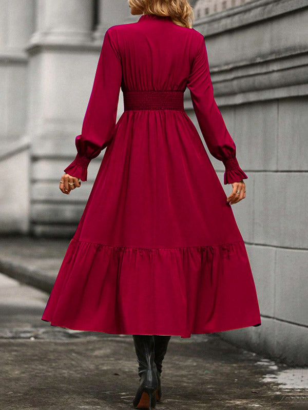 A-Line Flared Sleeves Elasticity Pleated Solid Color V-Neck Midi Dresses