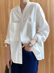 Loose Simple V-Neck Pocket Blouses