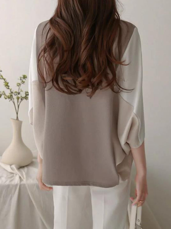 Batwing Sleeves Loose Contrast Color Split-Joint Round-Neck T-Shirts Tops