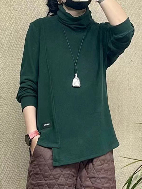 Long Sleeves Loose Asymmetric Solid Color High Neck T-Shirts Tops