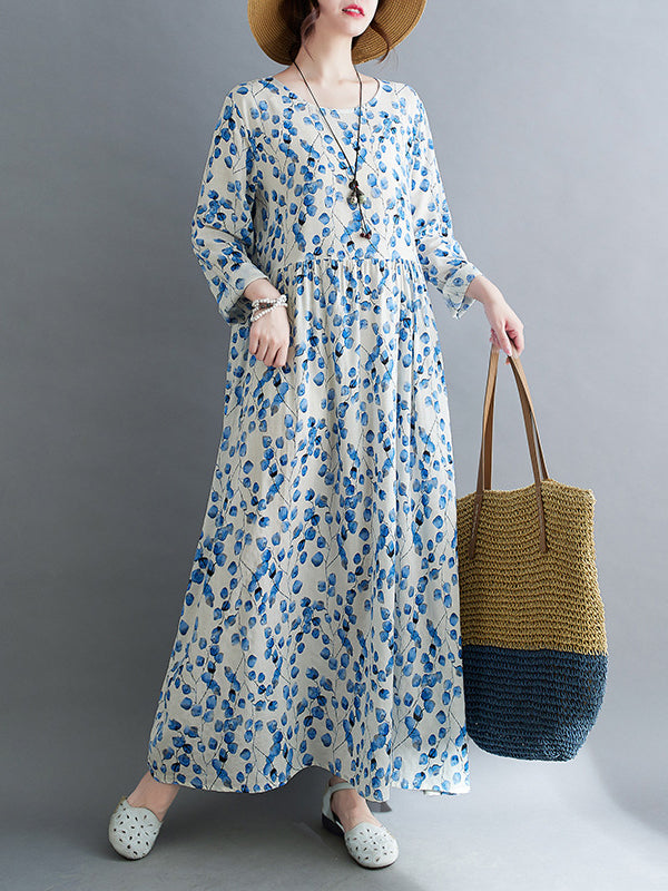 Long Sleeves Loose Flower Print Split-Joint Round-Neck Midi Dresses