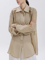 Loose Puff Sleeves See-Through Solid Color Split-Joint Sun Protection Lapel Blouses