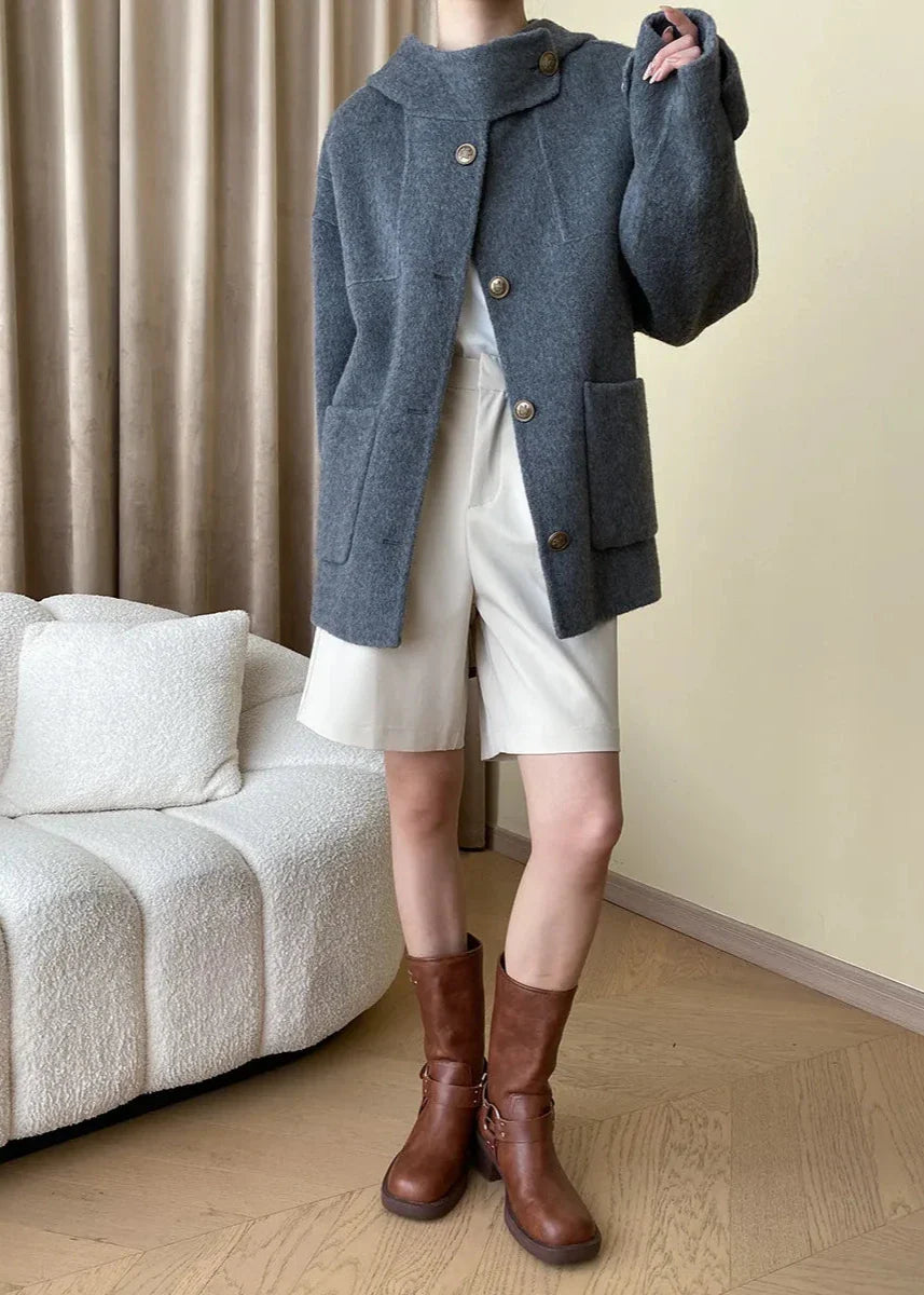 Chic Wool-Blend Buttoned Coat with Stand Collar