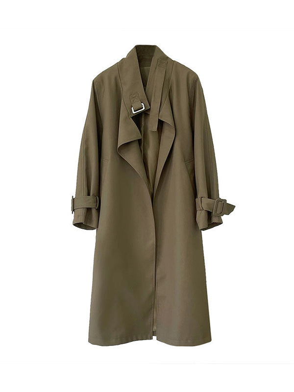 Long Sleeves Loose Buckle Pockets Solid Color Split-Back Tied Waist Lapel Trench Coats