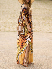 Batwing Sleeves Loose Printed Split-Side Tiger Skin Pattern V-Neck Beach Cover-Up Maxi Dresses