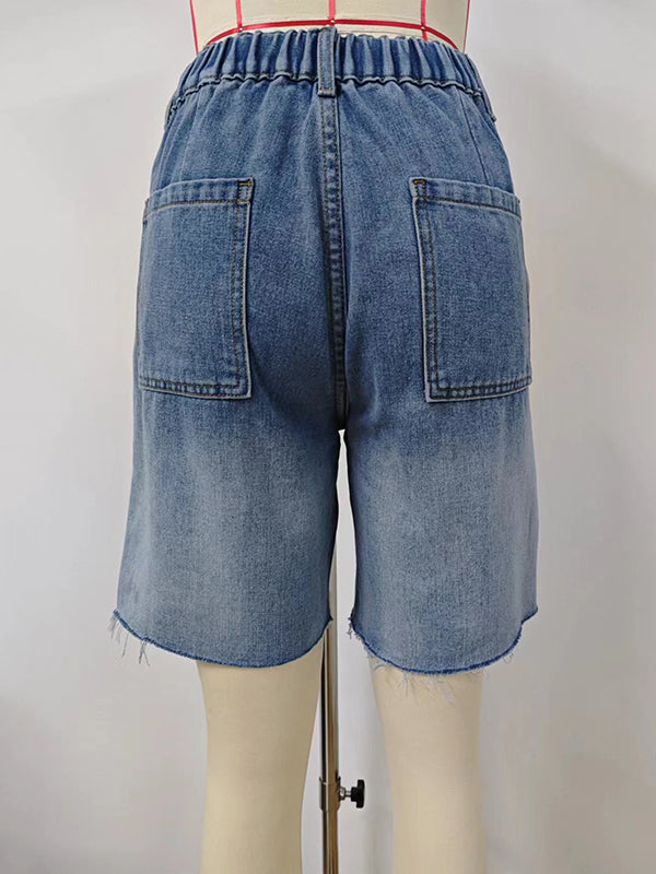 Loose Buttoned Elasticity Fringed Pockets Split-Joint Denim Shorts