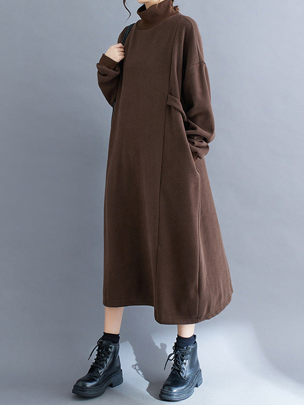 A-Line Long Sleeves Solid Color Mock Neck Midi Dresses